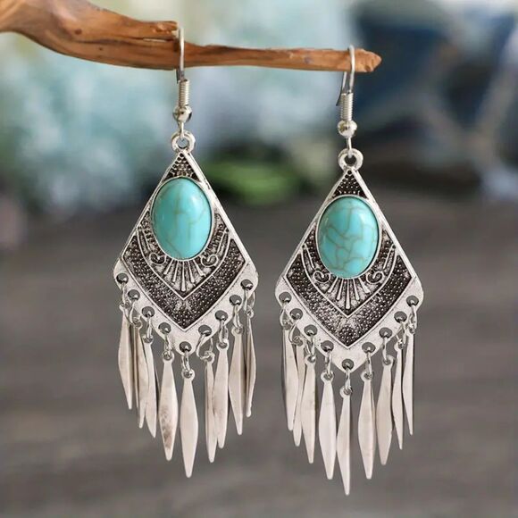 Bohemian Vintage Synthetic Turquoise Dangle Earrings – Silver-Plated Elegance - Picture 2 of 3